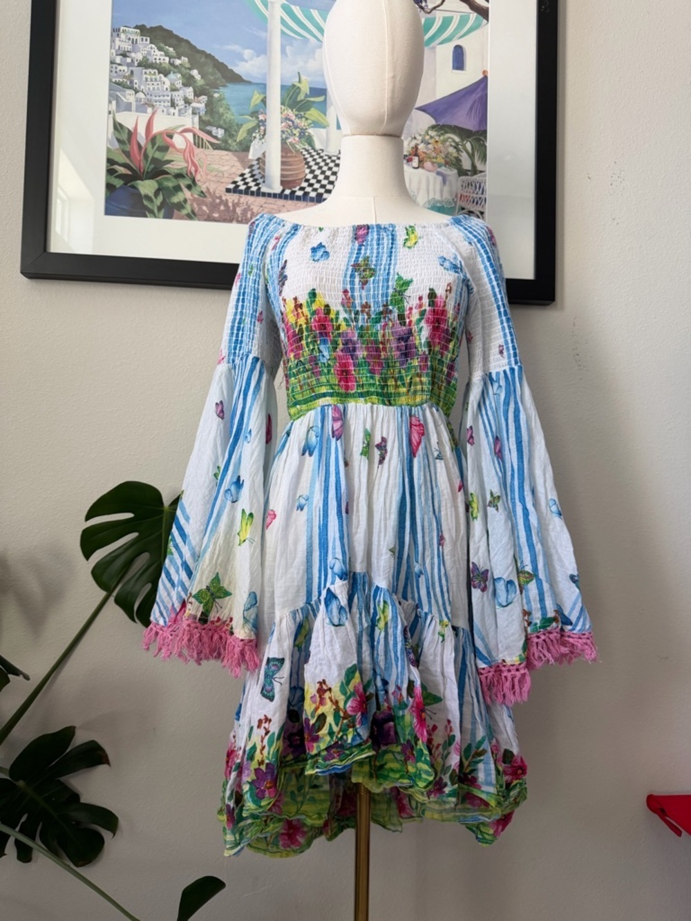 Antica Sartoria Flowers & butterflies 100% Cotton Statement Sleeve Dress OS
